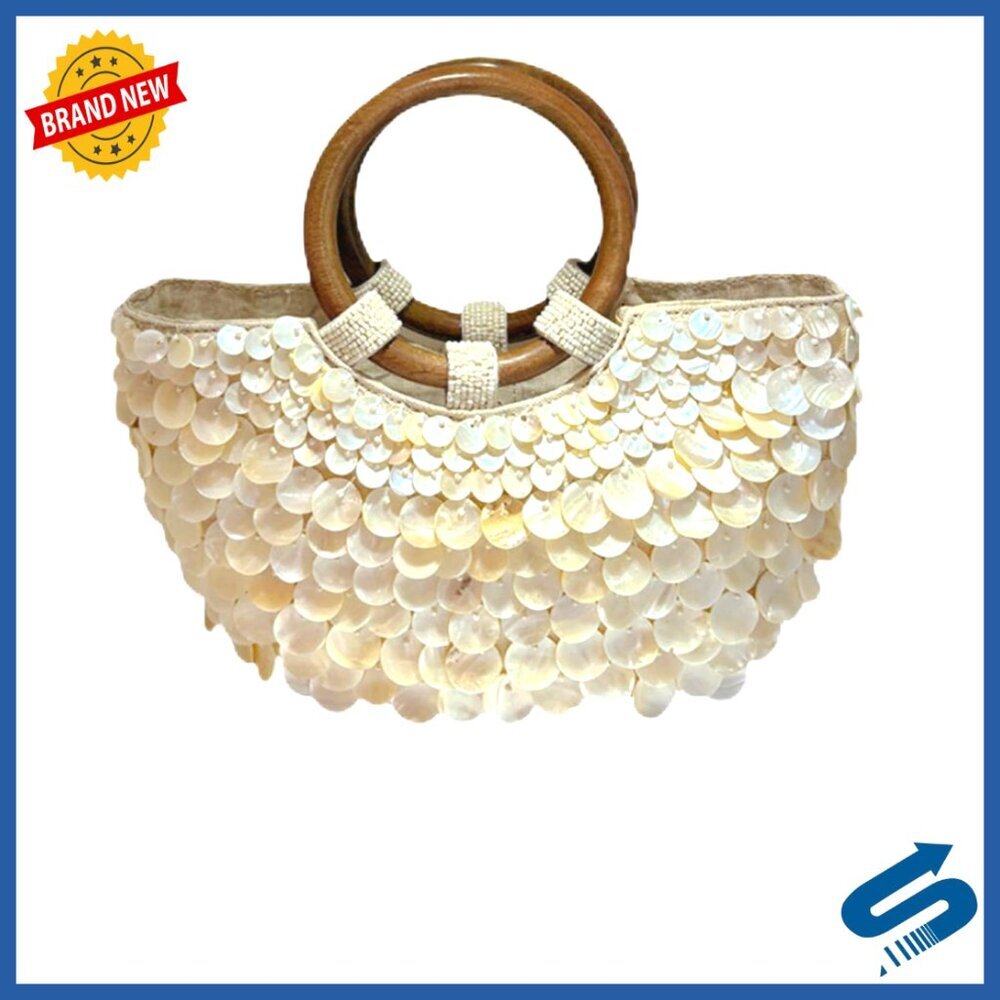 Handmade Shell Clutch Purse with Wooden Handle Beach Evening Bag